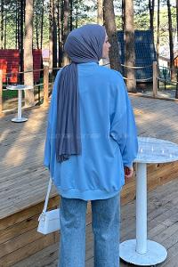 Lamelif Balon Kol Yaka Ve Etek Ucu Manşetli Bol Sweat Bebe Mavisi