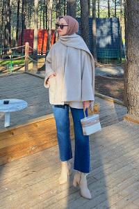 Beige Scarf Neck Long Arm Coat