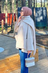 Beige Scarf Neck Long Arm Coat