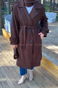 Lamelif Düğmeli Kaşe Kaban Acı Kahve