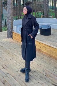 Lamelif Düğmeli Kaşe Kaban Siyah