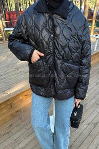 Lamelif Kadife Yaka Kapitone Mont Siyah