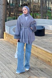 Lamelif Kol Kürk Detaylı Kaban Gri