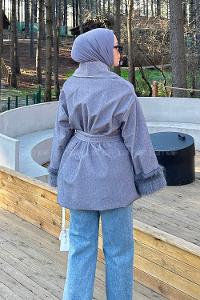 Lamelif Kol Kürk Detaylı Kaban Gri