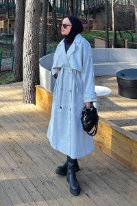 Lamelif Kuşaklı Poliviskon Trenç Gri