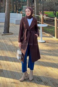 Modalamelif Kuşak Bağlama Detaylı Kaşe Kaban Acı Kahve