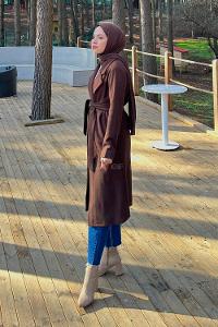 Modalamelif Kuşak Bağlama Detaylı Kaşe Kaban Acı Kahve