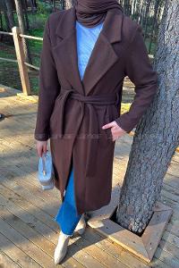 Modalamelif Kuşak Bağlama Detaylı Kaşe Kaban Acı Kahve