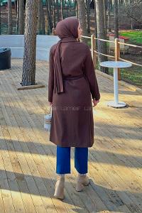 Modalamelif Kuşak Bağlama Detaylı Kaşe Kaban Acı Kahve