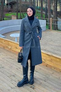 Modalamelif Kuşak Bağlama Detaylı Kaşe Kaban Antrasit