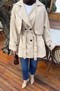 Lamelif Bağlama Detaylı Trençkot Bej