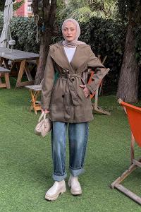 Khaki Long Arm Polyester Trench Coat
