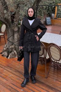 Lamelif Bağlama Detaylı Trençkot Siyah