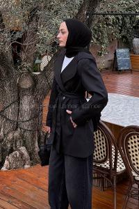 Lamelif Bağlama Detaylı Trençkot Siyah