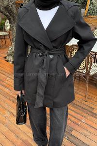 Lamelif Bağlama Detaylı Trençkot Siyah