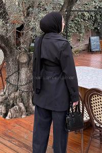 Lamelif Bağlama Detaylı Trençkot Siyah
