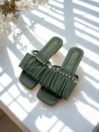 Lamelif Büzgülü İnci Detaylı Sandalet Mint Yeşili