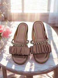 Lamelif Büzgülü İnci Detaylı Sandalet Pudra Rengi