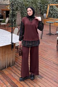 Lamelif Ekose Desen İkili Takım Acı Kahve