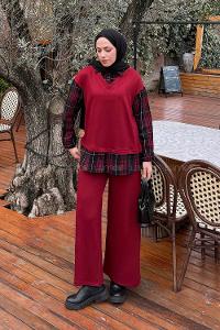 Lamelif Ekose Desen İkili Takım Bordo