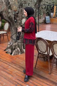 Lamelif Ekose Desen İkili Takım Bordo