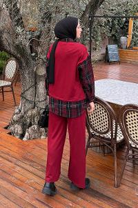 Lamelif Ekose Desen İkili Takım Bordo