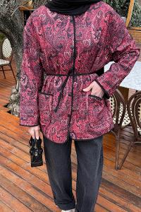 Lamelif Etnik Desen Ceket Açık Bordo