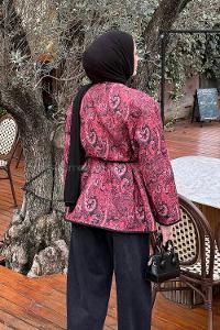 Lamelif Etnik Desen Ceket Açık Bordo