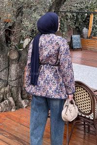 Lamelif Etnik Desen Ceket Lacivert