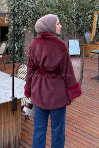 Lamelif Kol Kürk Detaylı Kaban Bordo