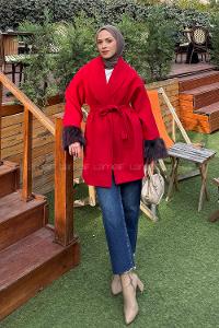 Lamelif Kol Kürk Detaylı Kaşe Kaban Nar Çiçeği