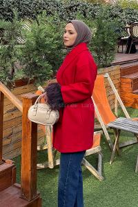 Lamelif Kol Kürk Detaylı Kaşe Kaban Nar Çiçeği