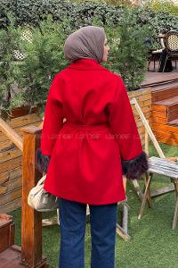 Lamelif Kol Kürk Detaylı Kaşe Kaban Nar Çiçeği