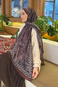 Lamelif Retro Desen Pamuk Şal Koyu Bordo