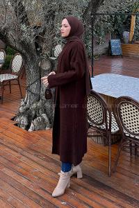 Lamelif Şal Yaka Uzun Triko Hırka Acı Kahve