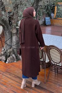 Lamelif Şal Yaka Uzun Triko Hırka Acı Kahve