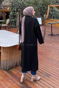 Lamelif Şal Yaka Uzun Triko Hırka Siyah