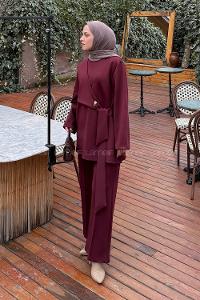 Claret Red Crew Neck Long Arm Cotton Regular Trousers Comfortable Suit