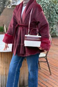 Lamelif Zara Model Hasır Sert Kutu El ve Omuz Çantası Bordo