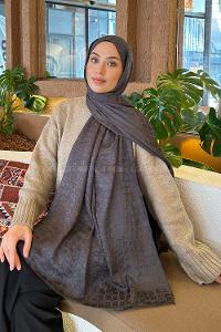 Lamelif  Bloom Desen Ayrobin Floş Jakar  Şal Antrasit