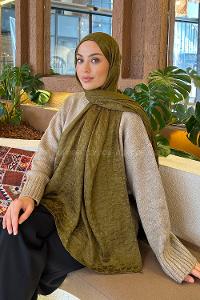 Lamelif  Bloom Desen Ayrobin Floş Jakar  Şal Asker Yeşili