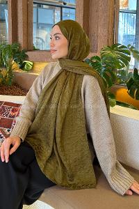 Lamelif  Bloom Desen Ayrobin Floş Jakar  Şal Asker Yeşili