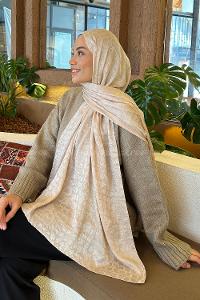 Lamelif  Bloom Desen Ayrobin Floş Jakar  Şal Bej