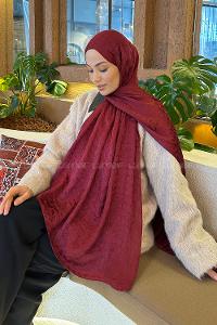 Lamelif  Bloom Desen Ayrobin Floş Jakar  Şal Bordo