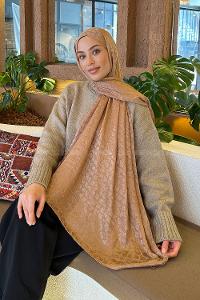 Lamelif  Bloom Desen Ayrobin Floş Jakar  Şal Camel