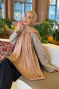 Lamelif  Bloom Desen Ayrobin Floş Jakar  Şal Camel