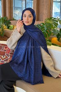 Lamelif  Bloom Desen Ayrobin Floş Jakar  Şal Gece Mavisi