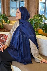 Lamelif  Bloom Desen Ayrobin Floş Jakar  Şal Gece Mavisi