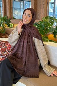 Lamelif  Bloom Desen Ayrobin Floş Jakar  Şal Kahverengi