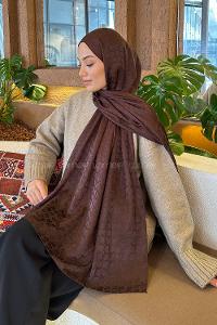 Lamelif  Bloom Desen Ayrobin Floş Jakar  Şal Kahverengi